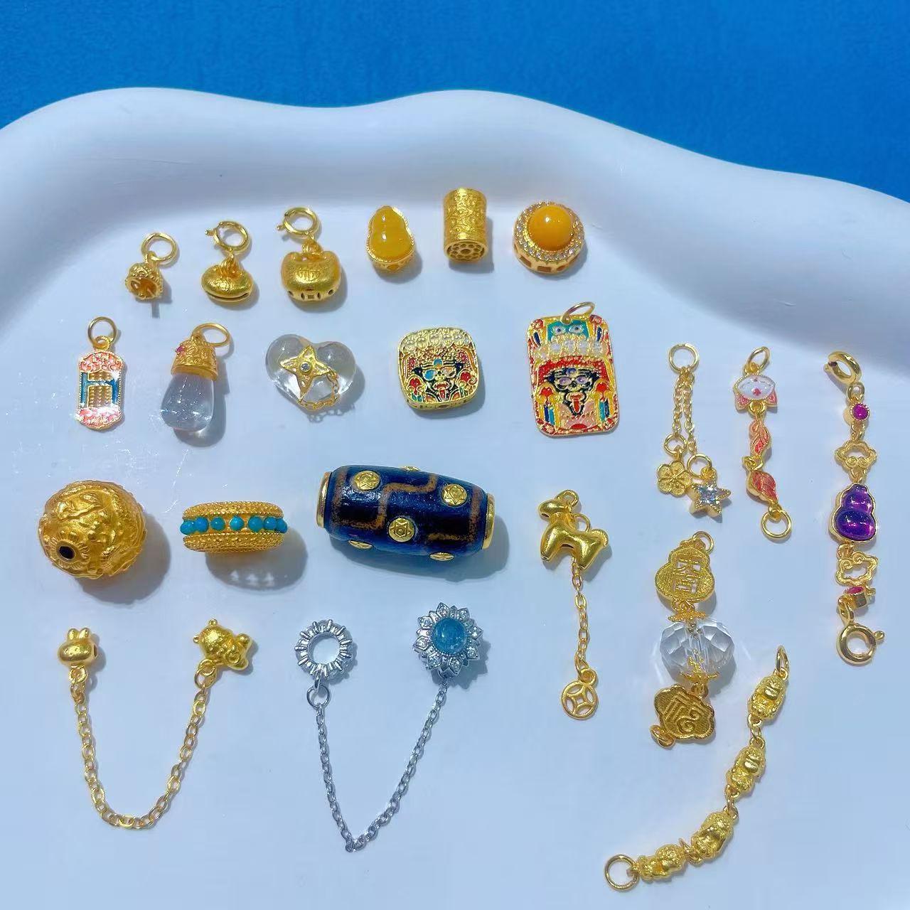 S925古法纯银镶钻安全链条蜜蜡葫芦白水晶算盘吊坠松石跑环配件饰