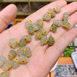 s925纯银古法银镀金镶嵌和田玉葫芦多宝隔珠手链编织穿珠配件