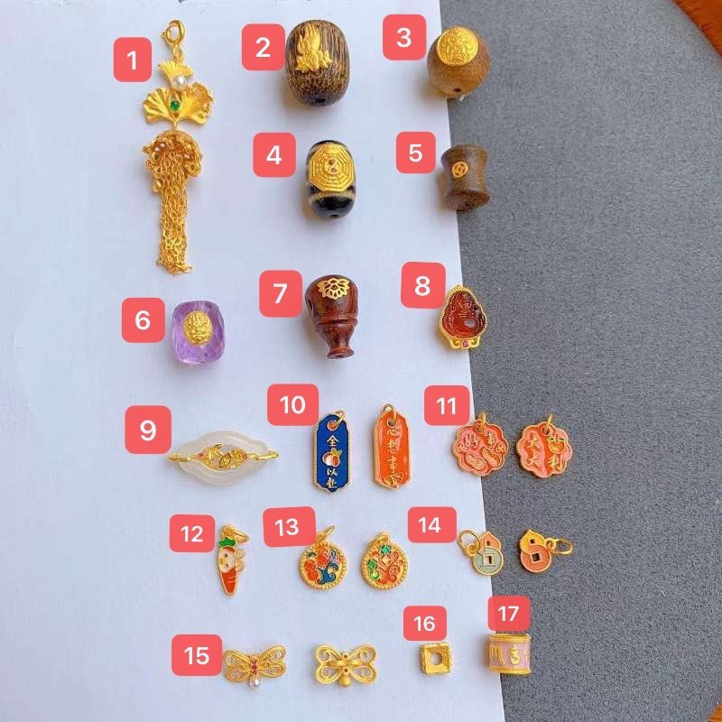 925古法纯银镶沉香圆腰天珠八卦佛手莲花三通桶珠diy文玩手链配件