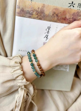 新中式国风老山檀香蓝水翡翠双圈手链s925古法纯银小隔珠配饰女款