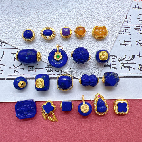 S925古法银扎基拉姆青金石回纹桶珠并蒂莲花手牌蜜蜡diy文玩配件