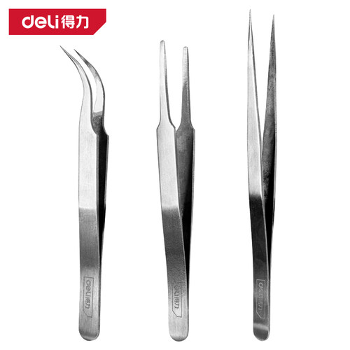 deli得力不锈钢镊子尖弯直头三合一加厚防静电小夹子DL396003F B