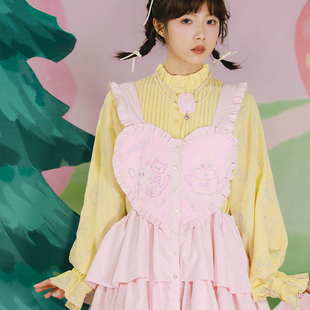 Lolita叠穿甜美 秘密 茶壶猫刺绣抽绳粉色桃心围裙 森林 牛稠岛