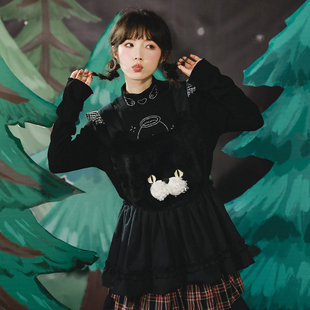 超柔软撸猫感毛绒黑猫刺绣花边马甲围裙 秘密 叠穿 森林 牛稠岛