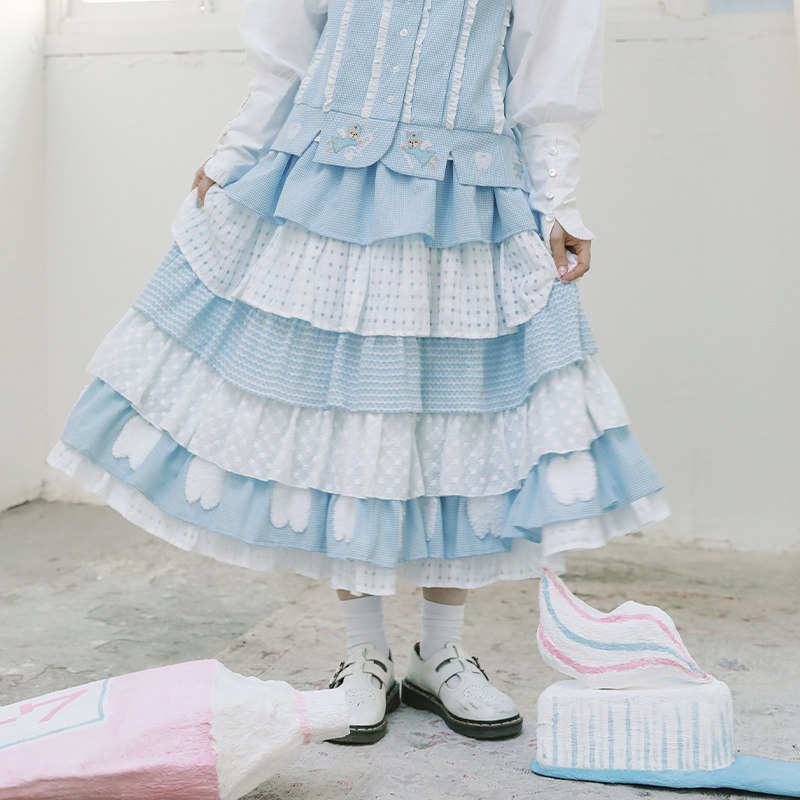 Meugler牛稠岛 牛稠齿科 lolita大裙摆立体牙齿毛绒蓝白蛋糕半裙