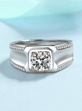 S925银镀18K金PT950铂金镶嵌D色一克拉莫桑石戒指男士环经典男戒