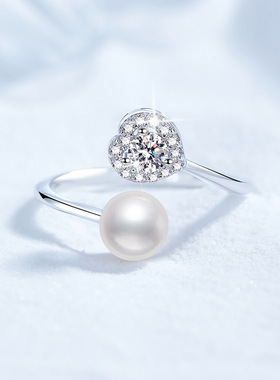 S925银镀18K金PT950铂金镶莫桑石爱心形天然淡水珍珠可调节戒指环