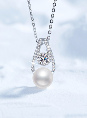 S925银镀18K金PT950铂金镶嵌莫桑石项链淡珍珠项链吊坠时尚锁骨链