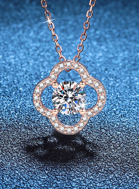 S925银镀18K金PT950铂金镶嵌1克拉D色莫桑石吊坠女简约四叶草项链