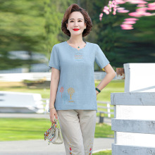 妈妈夏季短袖t恤套装2025新款中老年人女装两件套棉麻女装夏套装