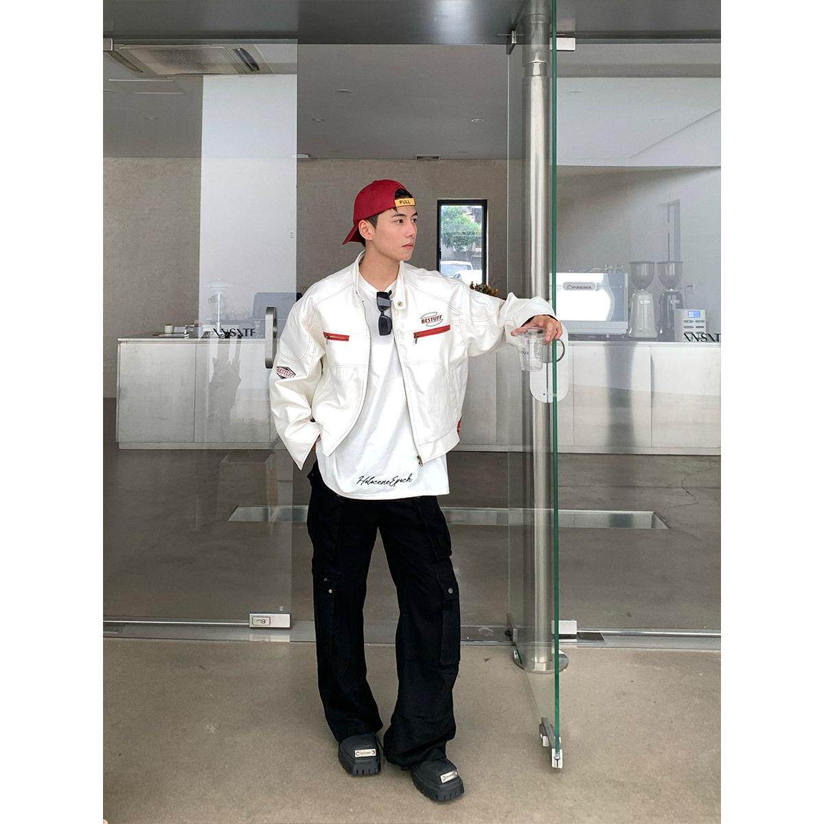 1506/QGP1000/P64美式短款赛车服pu皮刺绣外套白色2025年皮衣夹克,男装皮衣,星座1506