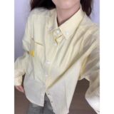 1506/QACS090/P41美式复古黄色条纹Polo领衬衫外套女宽松休闲开衫，女装衬衫，星座1506