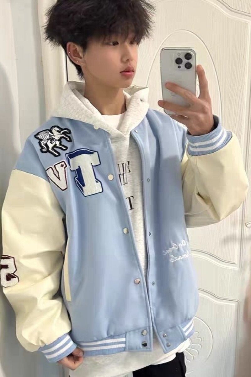1506/QJK0180/P66毛呢拼皮面料毛巾刺绣蓝杏色2025年小众夹克1,男装夹克,星座1506