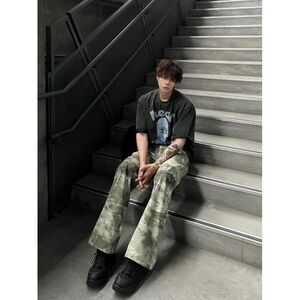 1506/QK620/P45迷彩牛仔裤男美式裤子高街cleanfit直筒微喇裤图片