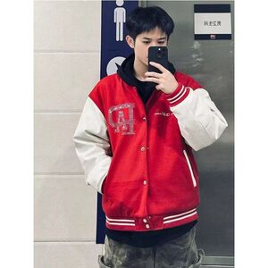 1506/QWT830/P66美式拼接撞色钉珠皮袖棒球服男夹克外套图片