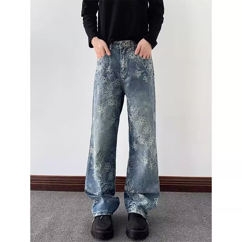 1506/QA1080/P49美式复古提花牛仔裤男秋季裤子高街直筒微喇裤,男装牛仔裤,星座1506
