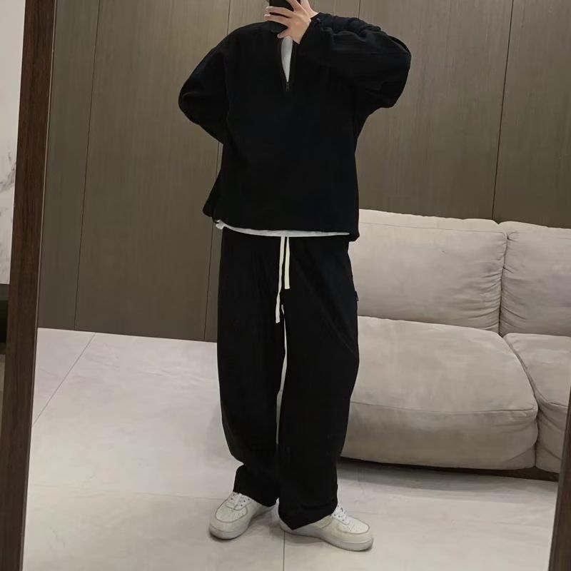 1506/Q88040/P46日系长袖卫衣男女宽松复古华夫格情侣T恤半拉链,男装T恤,星座1506