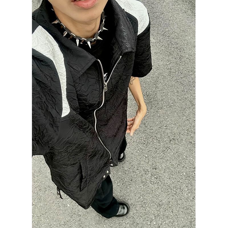 1506/Q22750/P50撞色拼接短袖衬衫男垫肩高级感尼龙褶皱半袖衬衣，男装T恤，星座1506