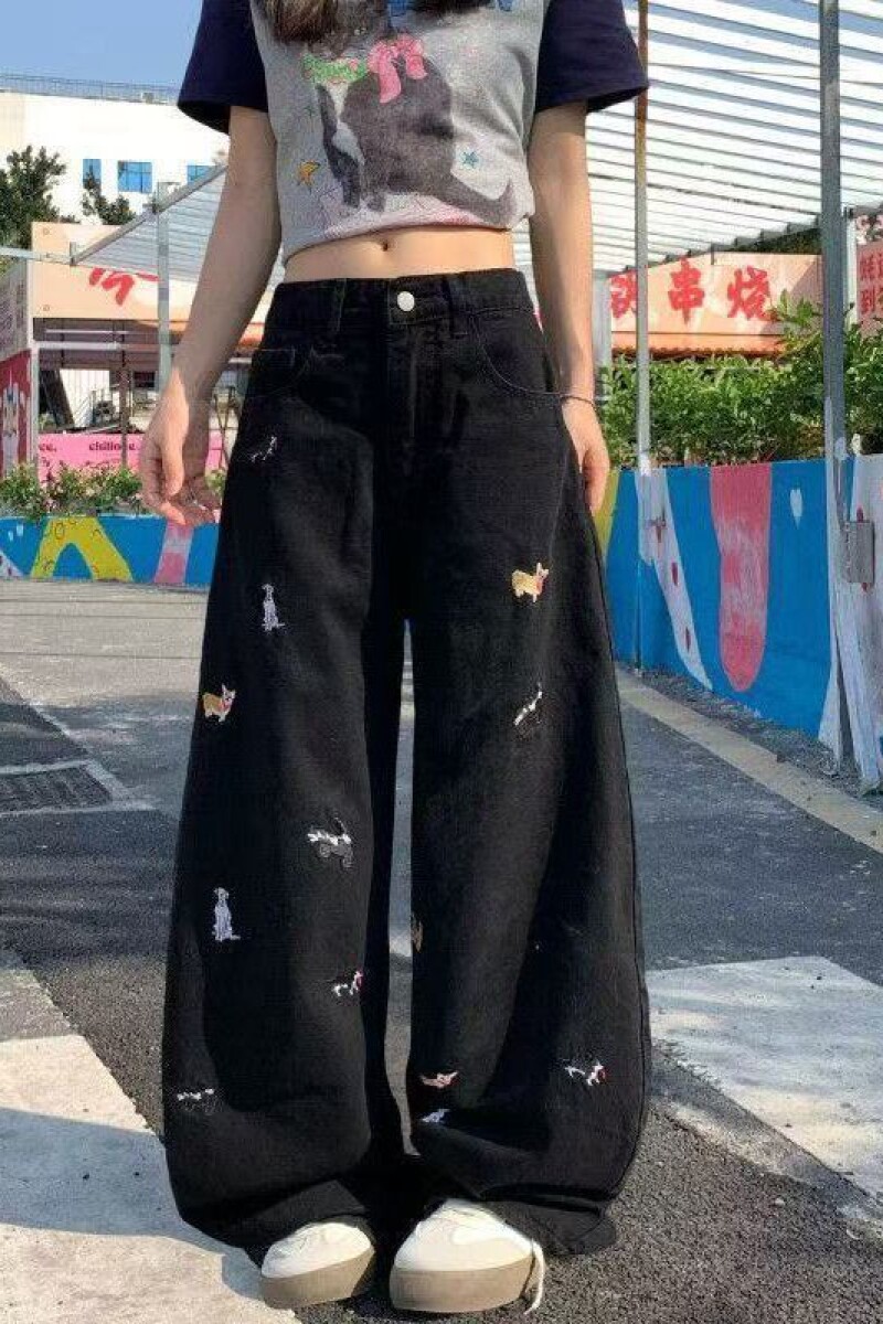 1506/Q80520/P46夏季怀旧刺绣牛仔裤女宽松拖地裤高腰直筒裤子,男装牛仔裤,星座1506