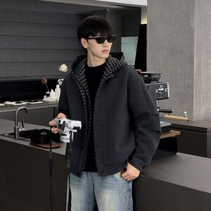 1506/QA2690/P80开衫连帽卫衣秋季新款男女拼接格纹设计休闲外套1图片