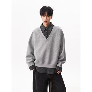 1506/Q13200/P48春秋美式潮牌假两件衬衫领卫衣男女重磅上衣2图片