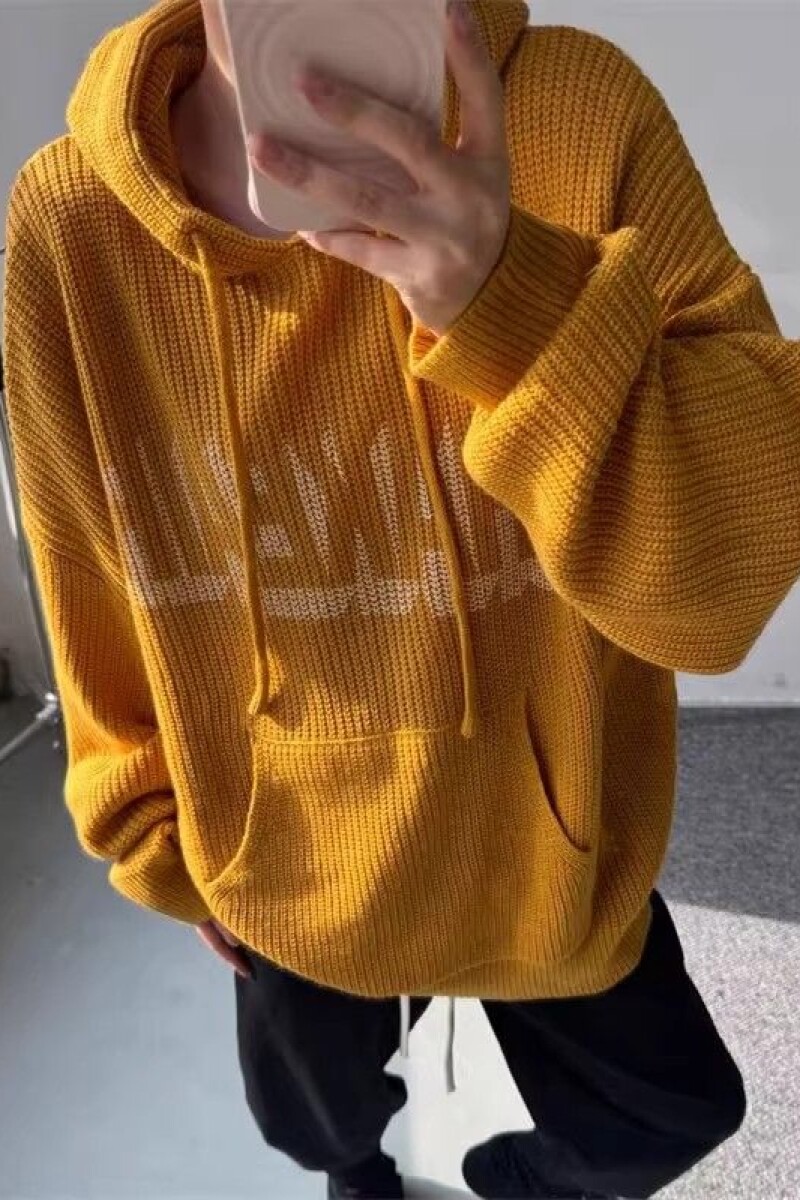 1506/QY080/P62美式复古字母印花咸蛋黄色连帽针织毛衣女男外套1,男装针织衫/毛衣,星座1506