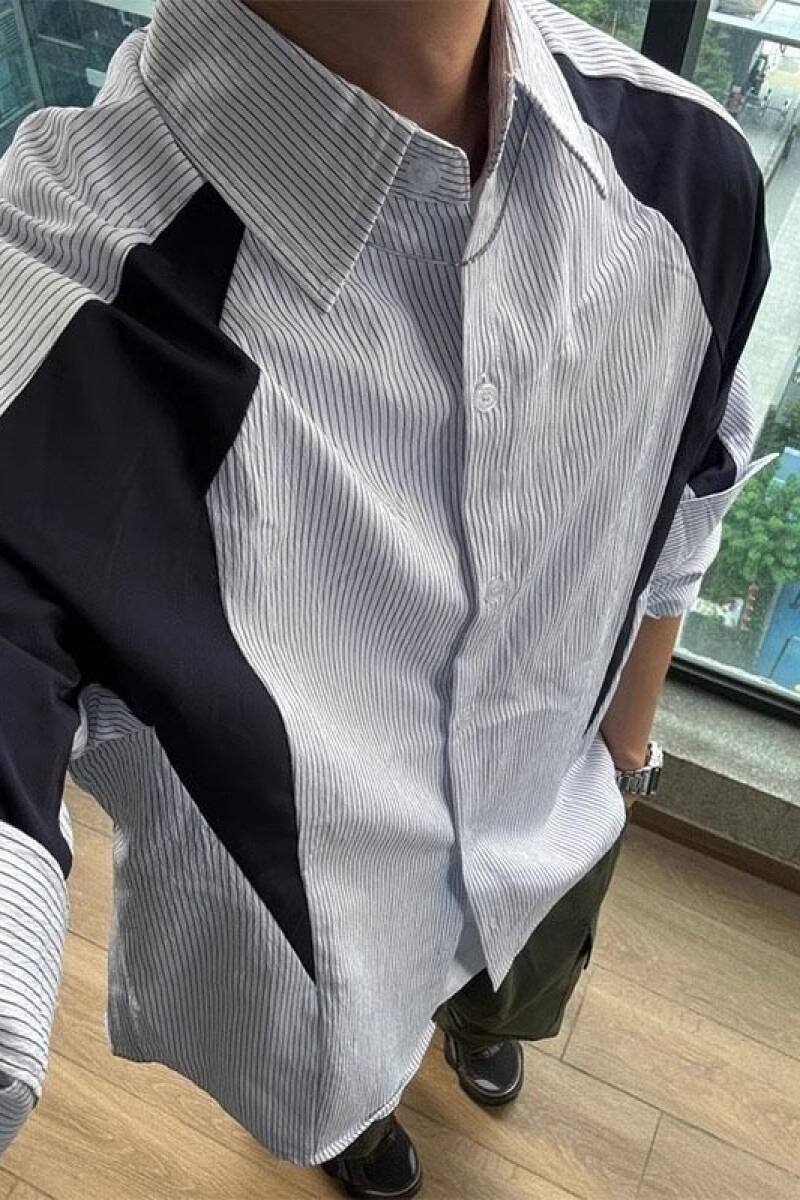 1506/70/P43日系cityboy蓝白条纹衬衫男秋季拼接长袖情侣衬衣,男装衬衫,星座1506