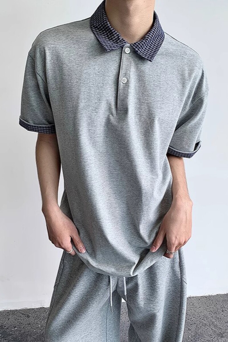 1506/QT3330/P42潮男假两件Polo领格子短袖T恤老钱风翻领短T恤,男装T恤,星座1506