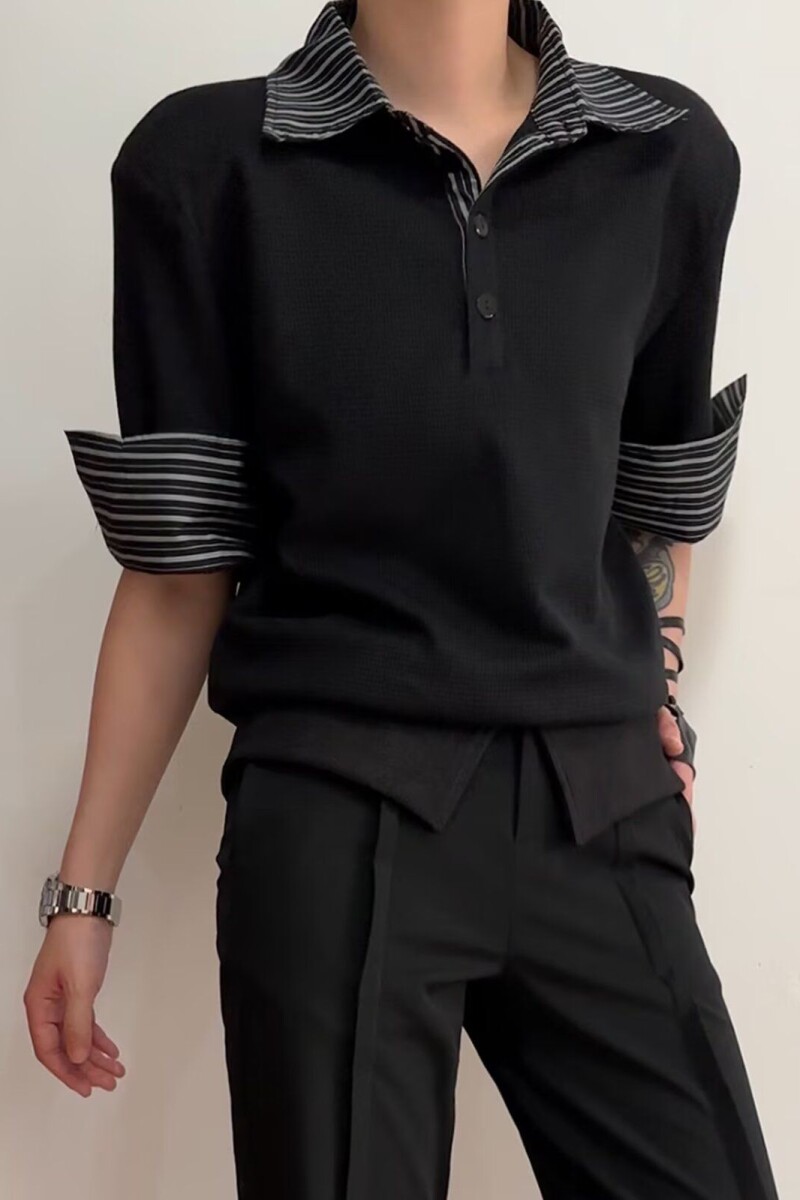 1506/QCD230/P40假两件撞色短袖polo衬衫高街,女装衬衫,星座1506