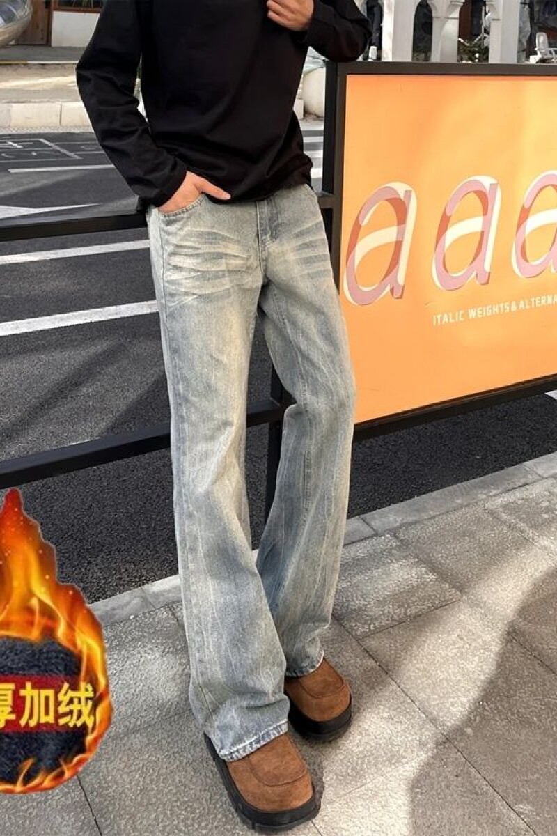 1506/Q91010/P46复古蓝竹节纹微喇牛仔裤男女款加绒加厚直筒长裤,男装牛仔裤,星座1506
