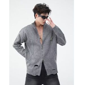 1506/QD430/P49秋冬季美式复古双拉链设计感情侣毛衣开衫外套2图片