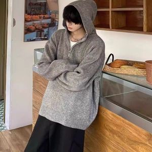 1506/QL1070/P62复古灰色半拉链连帽毛衣男秋冬宽松针织衫外套图片