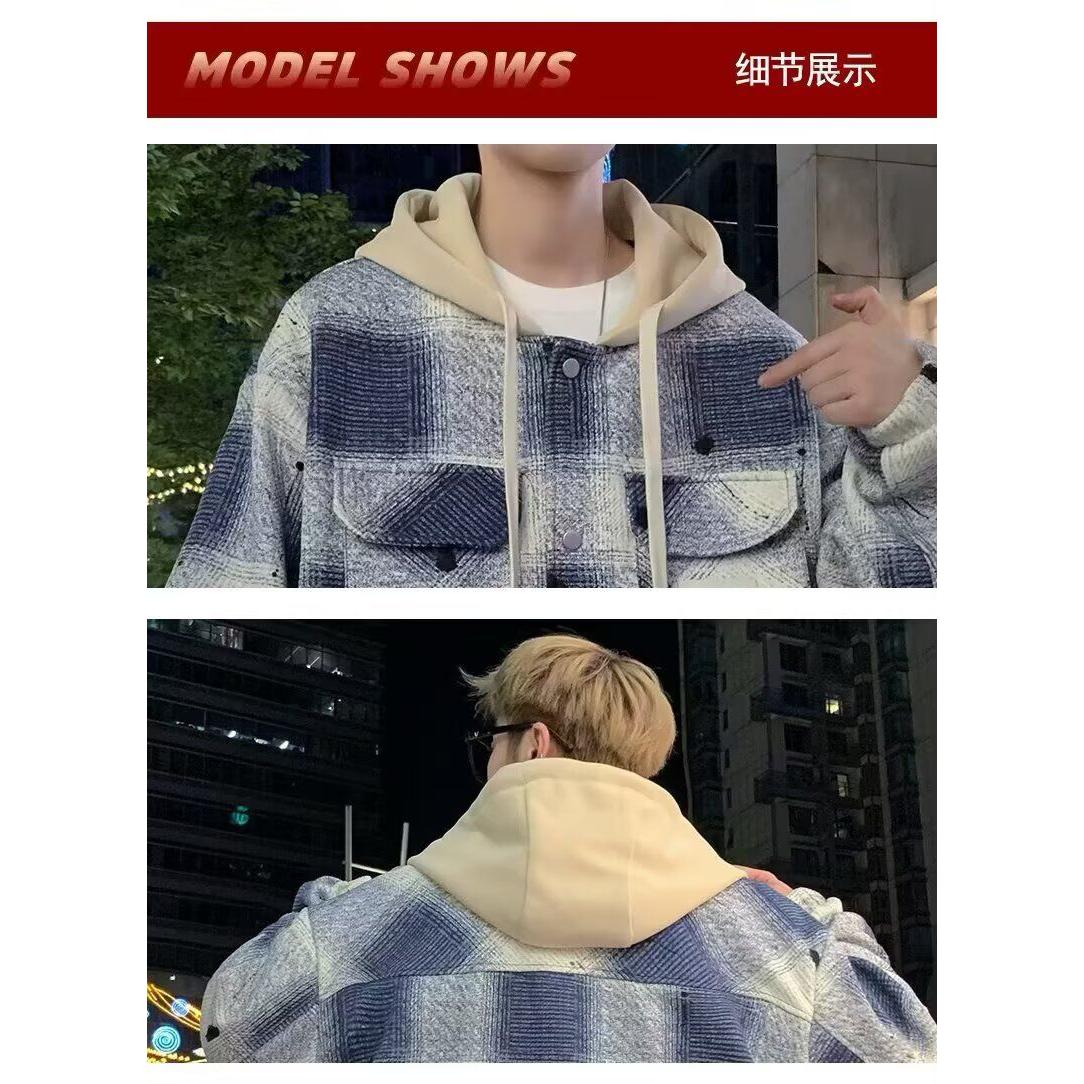 1506/QCZW040/P56新款格子外套男士宽松连帽休闲夹克潮流上衣图片