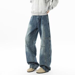 1506/QSY-K71350/P57复古打褶水洗牛仔裤男直筒宽松解构弯刀阔腿1图片