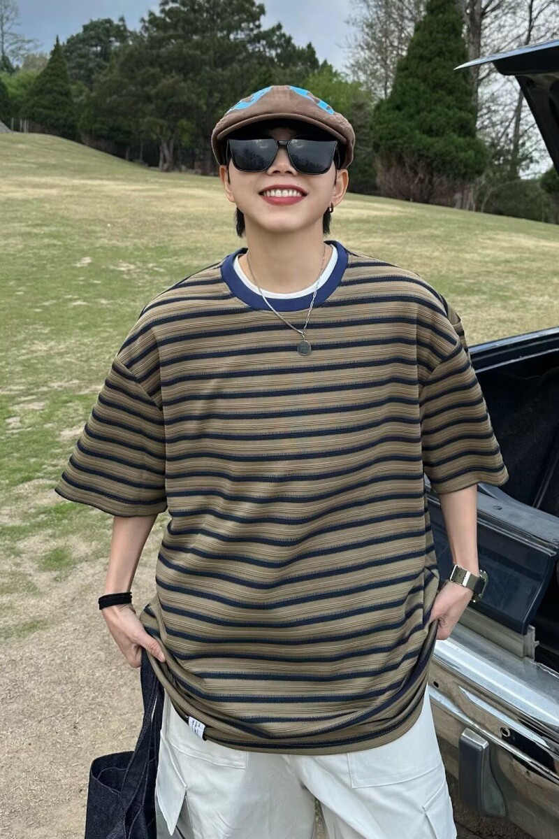 1506/Q337/P42短袖t恤男潮牌夏季宽松五分袖条纹上衣,男装T恤,星座1506