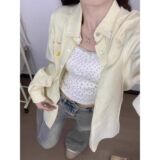 1506/QACS090/P41美式复古黄色条纹Polo领衬衫外套女宽松休闲开衫，女装衬衫，星座1506