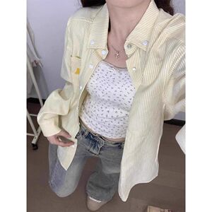1506/QACS090/P41美式复古黄色条纹Polo领衬衫外套女宽松休闲开衫图片