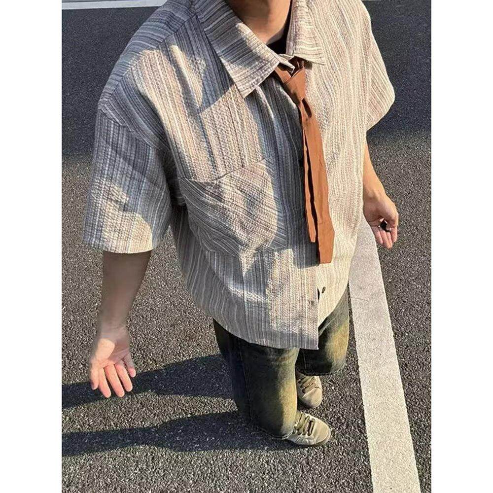 1506/QC2210/P38夏季条纹五分袖衬衫男休闲宽松领带短袖衬衣潮,男装T恤,星座1506