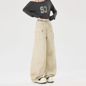 1506/QL90400/P79美式复古褶皱工装裤男女宽松直筒牛仔裤2025年潮图片