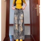 1506/Q1310/P50美式街头水洗做旧破洞牛仔裤男秋直筒宽松风长裤子，男装牛仔裤，星座1506