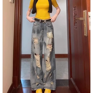 1506/Q1310/P50美式街头水洗做旧破洞牛仔裤男秋直筒宽松风长裤子图片
