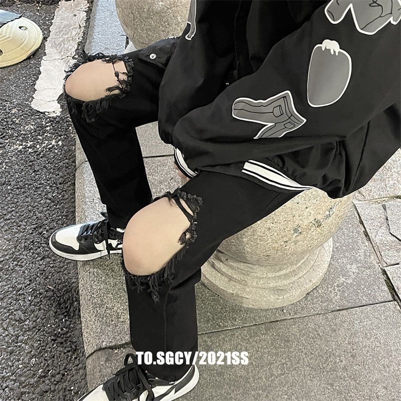1506/Q80510/P32纯黑色破洞牛仔裤男高街潮牌修身直筒微喇裤,男装牛仔裤,星座1506