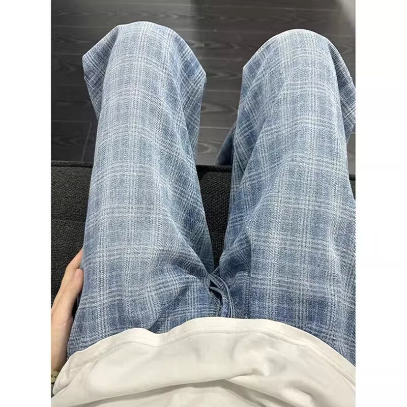 美式复古格子牛仔裤男款夏季痞帅高级感直筒裤美式cleanfit长裤子,男装牛仔裤,星座1506