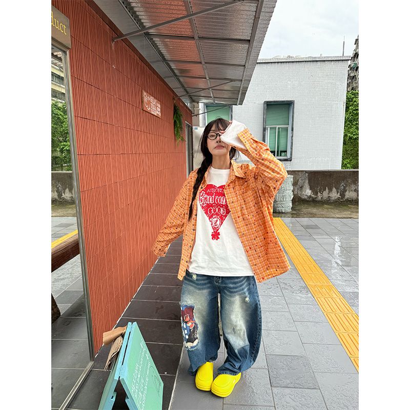 1506/Q22790/P48秋季格子休闲衬衫男女款美式百搭慵懒衬衣长袖图片