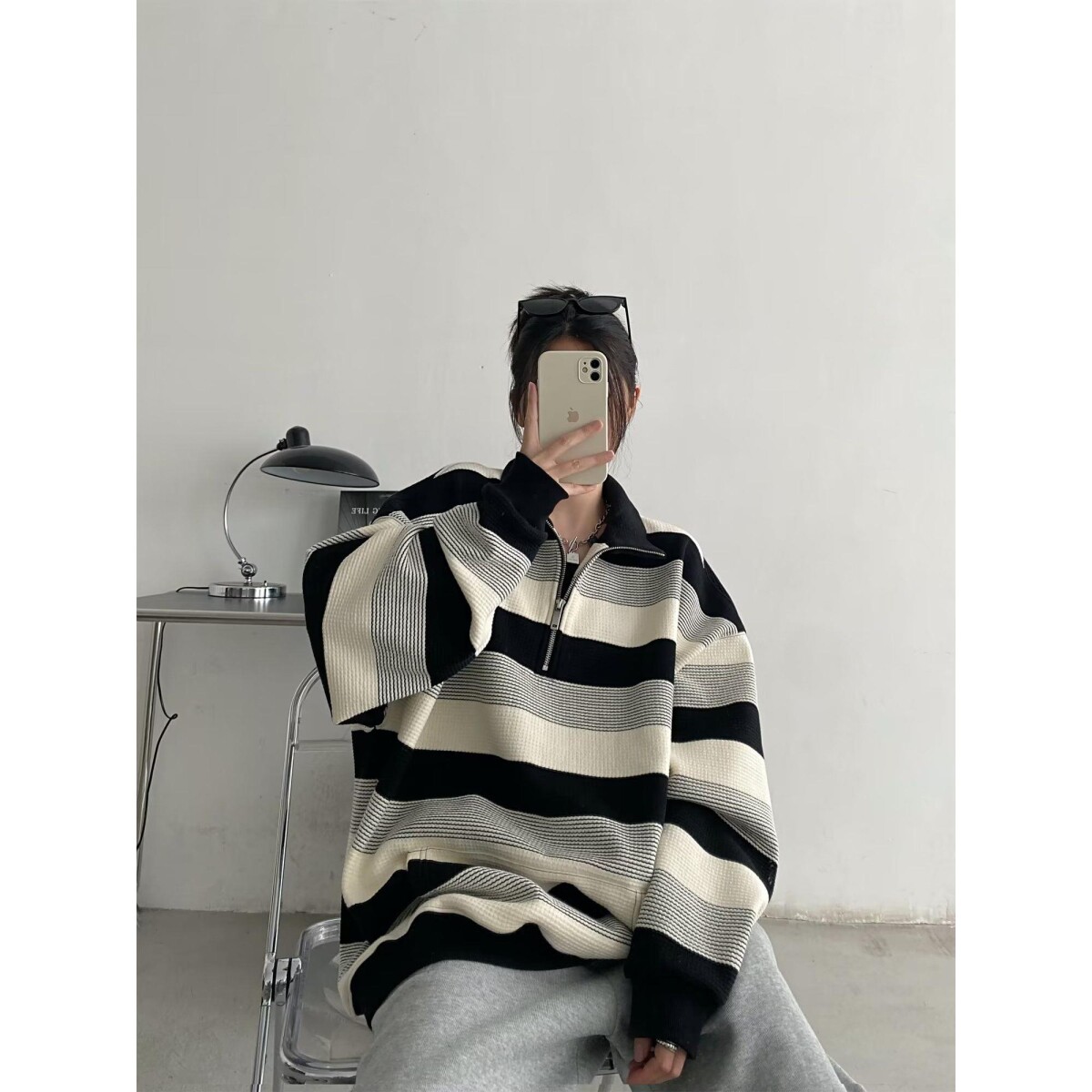 1506/Q88050/P56复古oversize条纹卫衣女秋季宽松bf长袖上衣,男装卫衣,星座1506