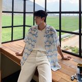 1506/QC1520/P46夏季撞色镂空波浪纹短袖衬衫男度假风防晒花衬衣，男装防晒衣，星座1506