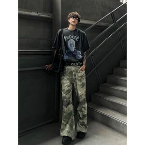 1506/QK620/P45迷彩牛仔裤男美式裤子高街cleanfit直筒微喇裤图片