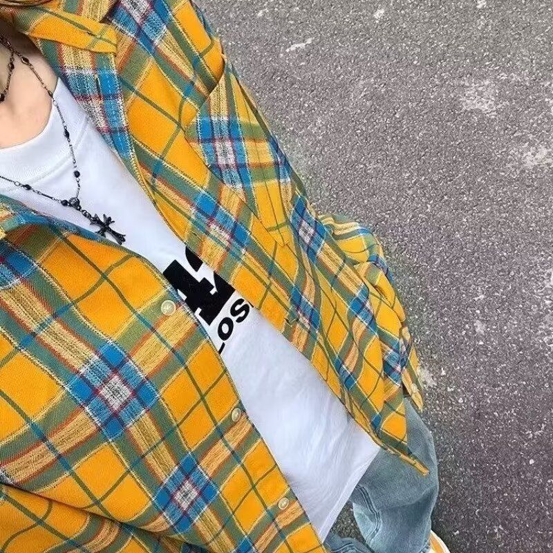 1506/QC040/P34复古黄色衬衫宽松长袖款秋季格子抗皱撞色衬衣男,男装衬衫,星座1506