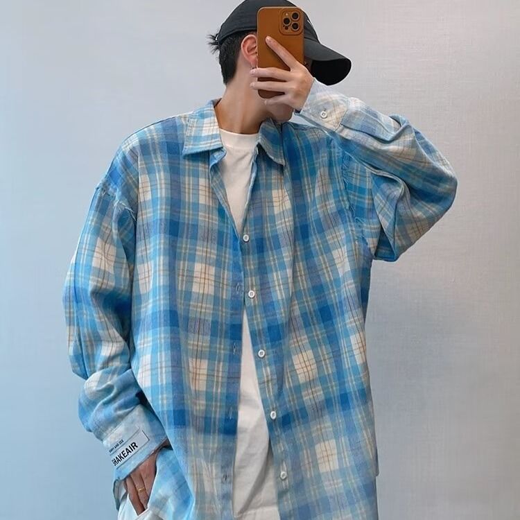 1506/QCS240/P32复古百搭水蓝色做旧毛边渐变印花格子长袖衬衫男，男装衬衫，星座1506