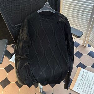 个性拼接男士毛衣冬季新款圆领格纹潮男打底衫港风宽松套头毛线衣图片
